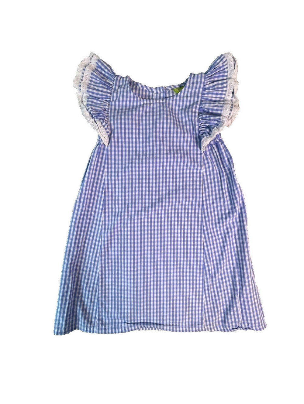 Classic Whimsy Gingham Dress Girls 10 Blue Flutter Sleeve Cottagecore Lace